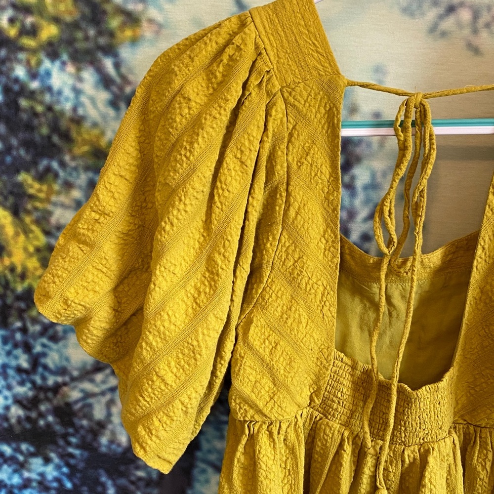 Free People chartreuse Mini Dress puff sleeves pockets open back square neckline - Picture 11 of 14
